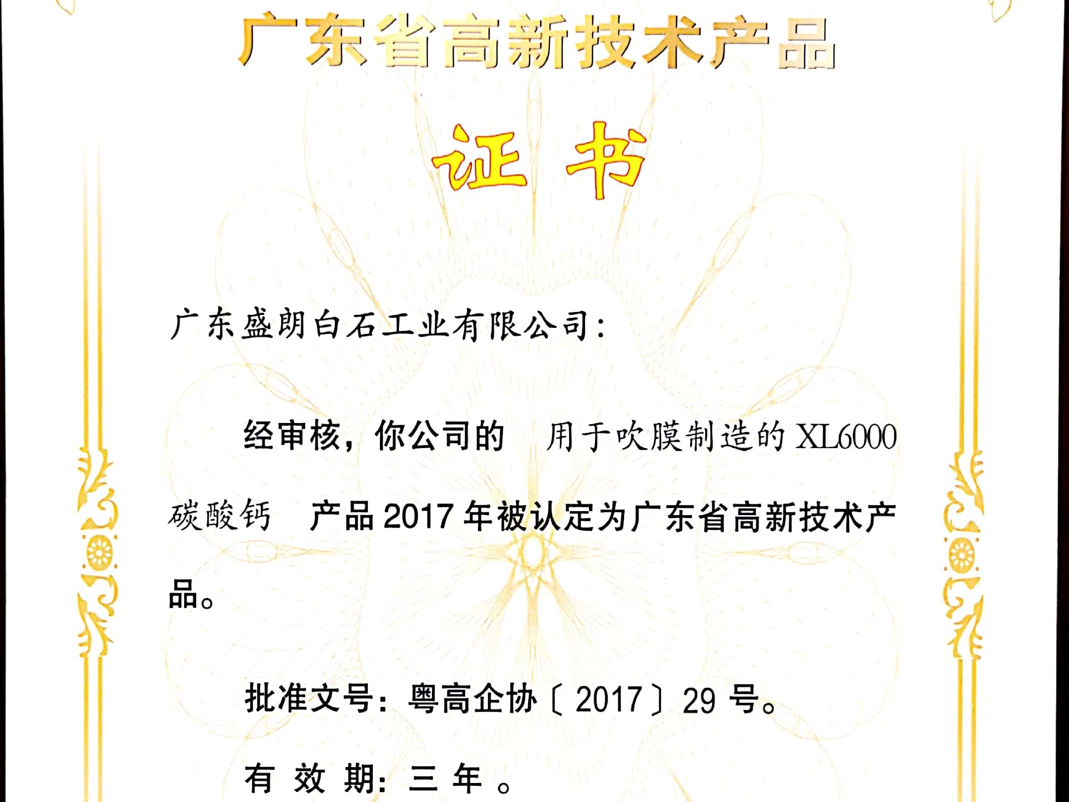 盛朗白石-XL6000高新技術(shù)證書